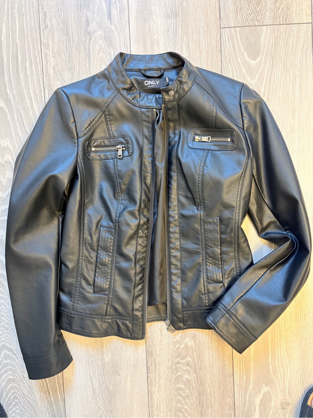 ONLY Black Faux Leather Biker Jacket with Zip Details